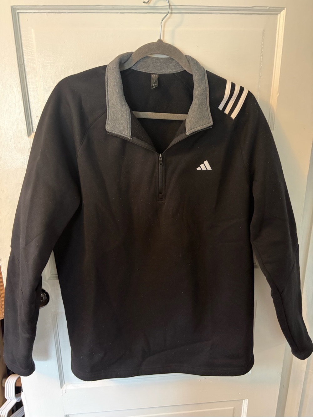 adidas Men’s Black Half-Zip Pullover with Gray Collar and White Shoulder Stripes